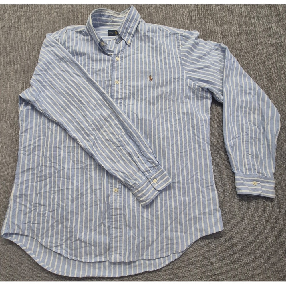 Ralph Lauren men's blue white striped button up long sleeve shirt LG embroidered - Picture 1 of 16
